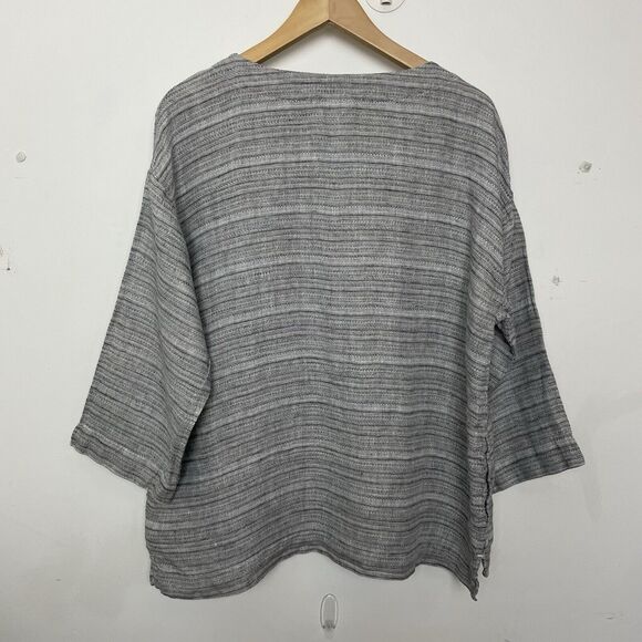 J. Jill Sz Medium Gray Pure Linen Pullover Henley Blouse Pockets Lagenlook - Picture 10 of 12